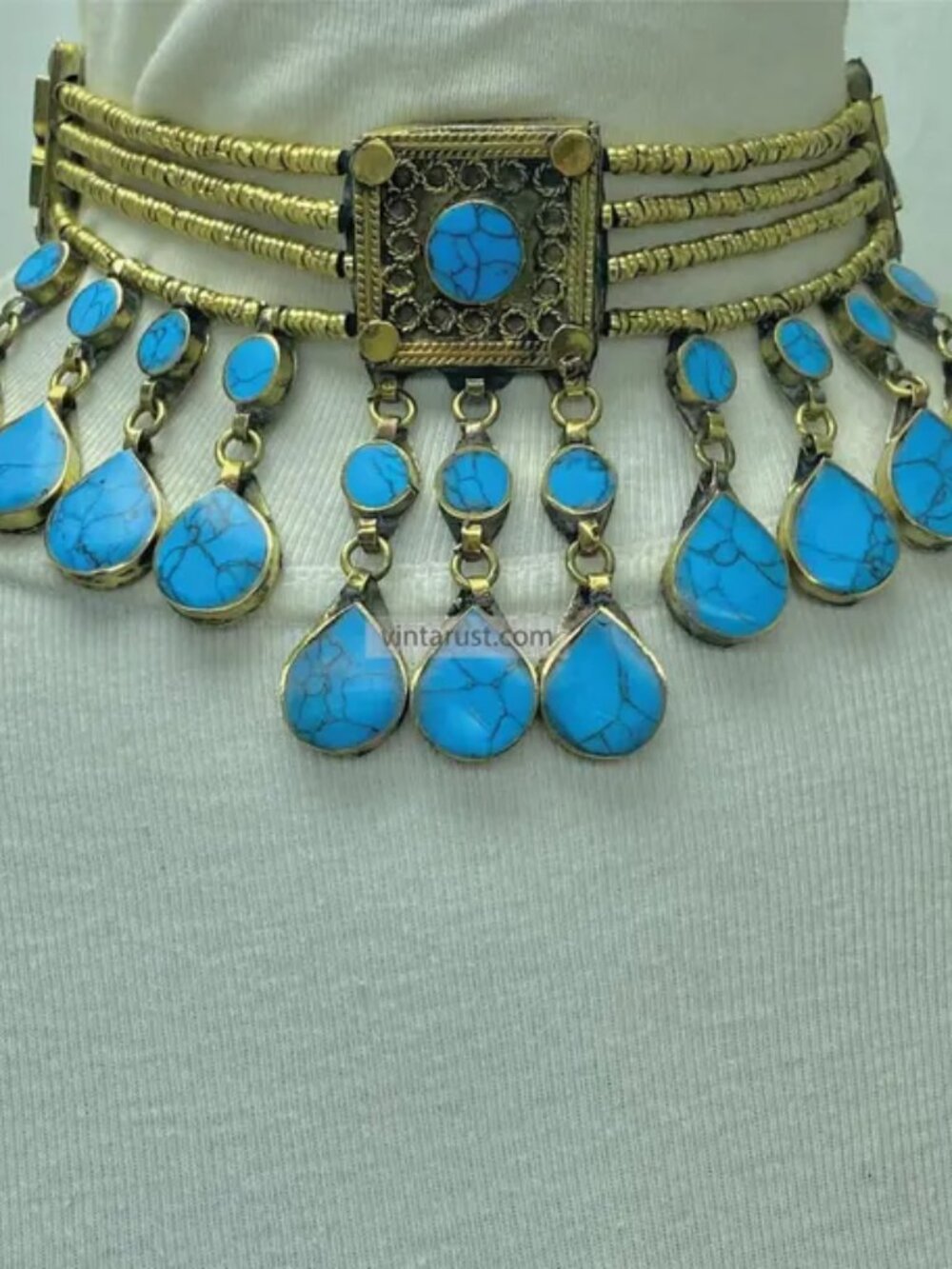 Handmade Turquoise Stone Choker: Afghan Tribal Necklace
